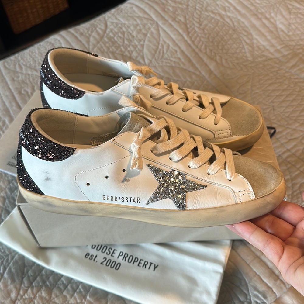 BNIB Golden Goose Superstar silver glitter star & copper glitter heel tab Sz 40